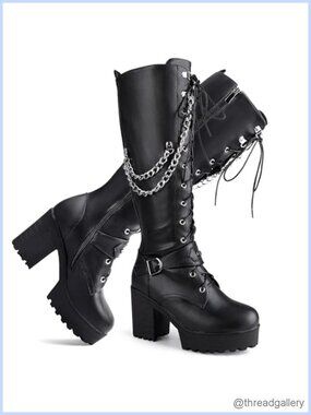 Women's Faux Leather Knee High Platform Combat Boots Lace Up